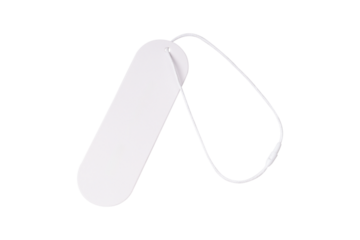 Blank white paper price tag or gift label with cord, isolated on a transparent PNG. High quality studio shot for retail, sales, and branding mockups.