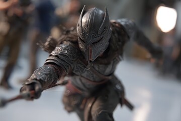 Fototapeta premium Close-up shot of a warrior clad in elaborate, detailed armor and helmet, holding a spear and with a bow and arrows, ready for action.