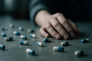 Hand on Floor Surrounded by Scattered Capsules in Dark Dramatic Scene