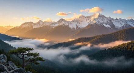 Golden Sunrise Over Majestic Snow-Capped Mountains with Misty Forest Valleys