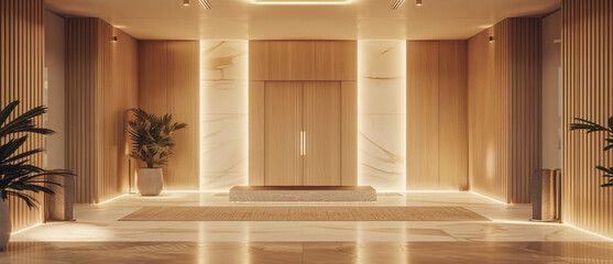 Luxury entry installation, synchronized lighting moving across curated wood, marble, and fabric materials, harmonious transitions.