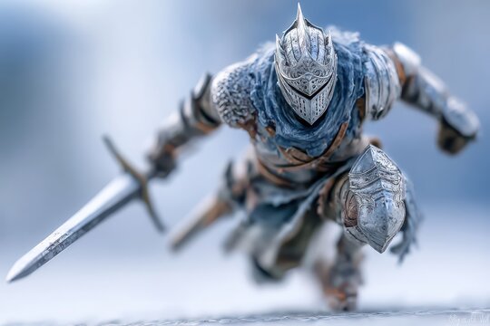 A dramatic close-up of a medieval knight figurine, displaying intricate metal armor and a battle-ready sword in a dynamic pose against a soft blue backdrop.