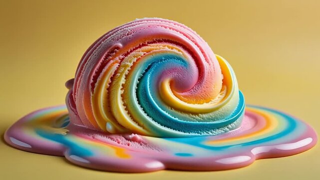 Rainbow Ice Cream Scoop Melting, Colorful Summer Treat