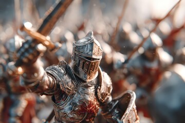 Fototapeta premium A detailed close-up shot of a medieval knight in full armor, raising his sword during a battle, surrounded by fellow soldiers with a dramatic, blurred background.