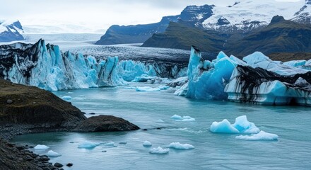 Vibrant Blue Icebergs Floating in Icelandic Glacial Lagoon with Majestic Snow-Capped Mountains
