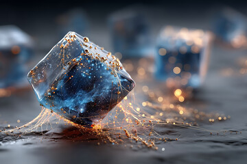 Floating rare earth crystals illuminate digital worlds in a cosmic dance