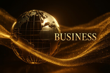 Premium Business Concept Featuring Gold Particle Waves and World Map Sphere