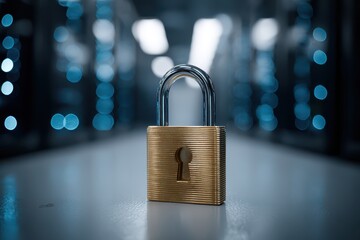 A golden padlock stands guard in a high-tech server room, safeguarding digital information with robust security, embodying trust and reliability for secure networks and data protection.