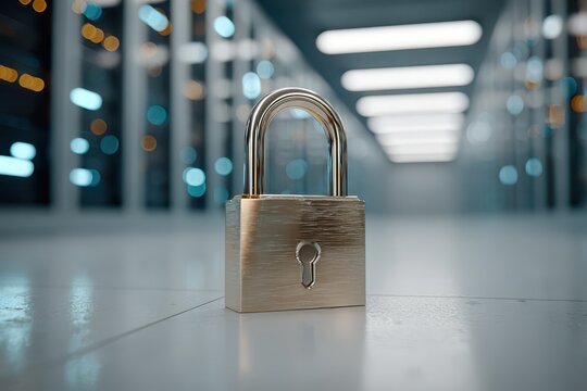Close-up of a secure padlock in a modern server room, ensuring data protection and cybersecurity with advanced technological infrastructure for network safety. - Powered by Adobe