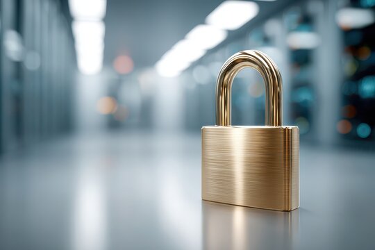 A golden padlock secures data in a server room, symbolizing cybersecurity and IT protection, against a blurred backdrop of computer servers and network infrastructure. - Powered by Adobe