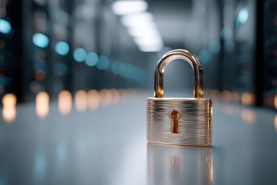 Close-up of a gleaming golden padlock, symbolizing data protection and cybersecurity in a modern server room environment, with blurred background lights.