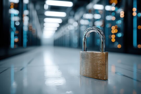 Secure data center with golden padlock, symbolizing cybersecurity measures and data protection, standing guard over server racks in a modern technology environment.