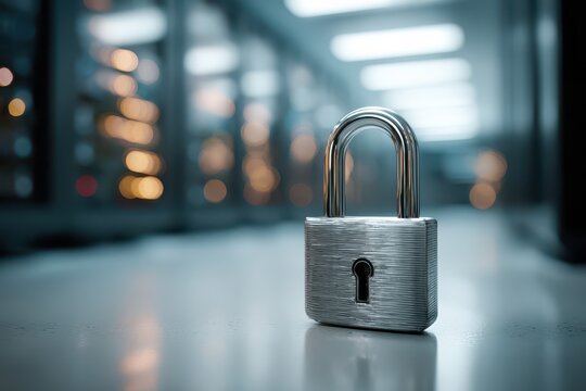 A close-up shot of a padlock in a server room, symbolizing data security and protection, reflecting the importance of secure systems in modern technology infrastructure.