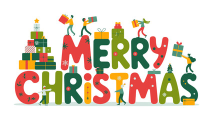 Fototapeta premium Merry Christmas Celebration: An illustration captures the spirit of the holidays, with festive typography spelling Merry Christmas, decorated with vibrant gifts and cheerful characters.