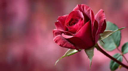 A single red rose in extreme close-up, blurred pink background creating a romantic Valentine atmosphere.