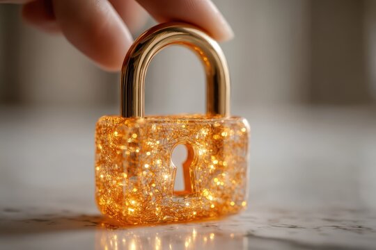 A close-up studio shot of a shiny, golden padlock being held by a fair-skinned hand, symbolizing security, with a blurred background, creating a soft, ethereal ambiance.