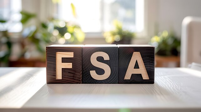 Wooden blocks with the letters fsa prominently displayed on a white surface with soft natural light and blurred green plants in the background