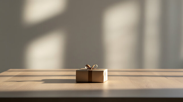 Elegantly wrapped gift box with a satin ribbon, bathed in soft light on a wooden table against a plain backdrop. The sun creates shadow play on the wall, enhancing the mood.