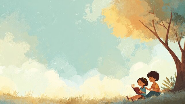 Flat vector of children reading books under a tree