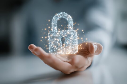 A digital padlock hovers above a person's hand, representing data security and digital privacy, with glowing sparks surrounding the lock, ensuring safety of online information.