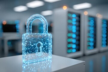 Digital representation of cybersecurity with a glowing padlock in front of servers, representing a secure data center with encryption and protection.