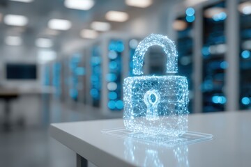 A glowing, digital padlock symbolizes cybersecurity, data protection, and network security in a modern data center environment, ensuring online safety.