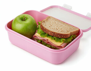 Pink healthy lunch box, isolated on white background