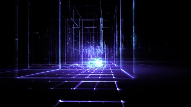 Leuchtende gitterf&ouml;rmige Geometrie f&uuml;r Technologie, Energie, Produktion & Datentransfer &ndash; moderne Architektur, Planung & Sicherheit visualisiert, violett, lila
