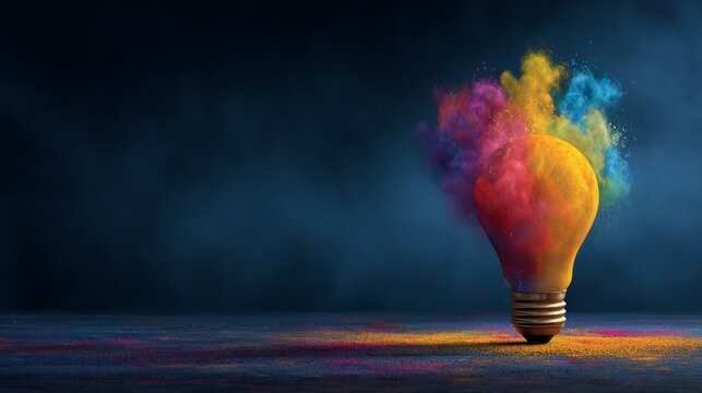 Colorful Lightbulb Explosion Creative Concept Photography, Idea Generation, Color Burst Innovation, Creativity