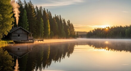 Idyllic Wilderness Cabin by Misty Lake at Golden Sunrise