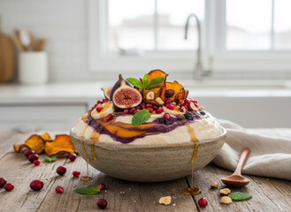 Exquisite Pavlova Dessert Topped With Fresh Figs Bananas Pomegranate Seeds Hazelnuts and Drizzled With Honey on a Rustic Wooden Table