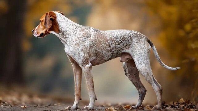 Elegant Spotted Dog Stands Proudly in Autumn Forest with Golden Hues.