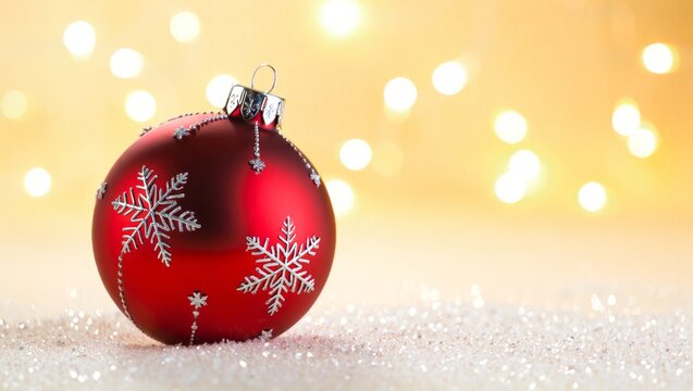 Red christmas bauble with silver snowflake design sitting on illuminating glitter, creating a festive holiday atmosphere with warm golden bokeh lights in the background