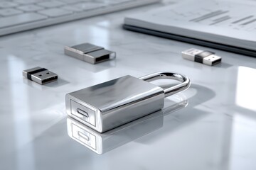 A close-up shot illustrating data security with a padlock and USB drives on a marble surface, with a keyboard and documents in the background, ideal for security concepts.