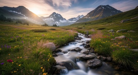 Serene Alpine Valley Stream Flowing Through Vibrant Wildflower Meadow at Golden Hour