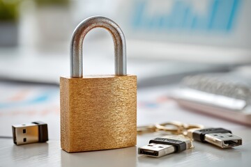 Fototapeta premium Data security concept: A golden padlock with USB drives on a desk, representing cybersecurity, privacy, and protection of digital information in the modern era.