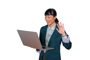 Asian businesswoman waving and smiling during a video call on laptop, communicating remotely, transparent background