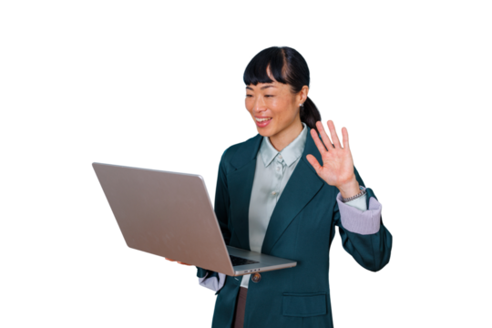 Asian businesswoman waving and smiling during a video call on laptop, communicating remotely, transparent background