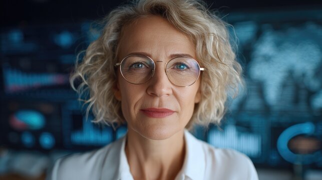 European Female Professor Giving Lecture with Holographic Charts