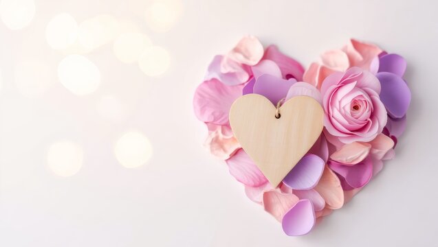 Heart shape forming from pink and purple rose petals with a wooden heart tag on a light background, symbolizing love, romance, and special occasions