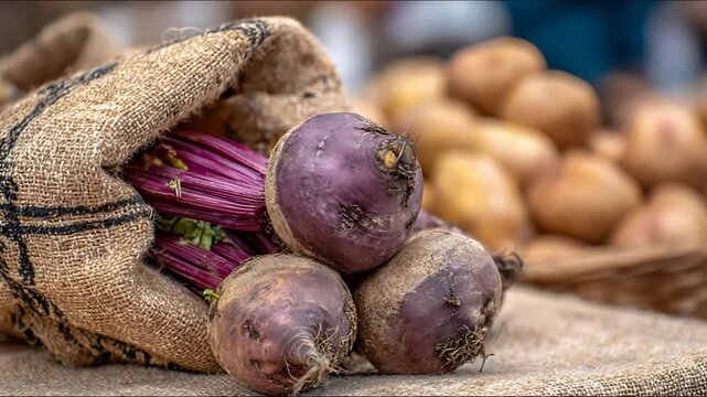 Freshly Harvested Vibrant Purple Beets with Green Stems in Rustic Burlap Sack.