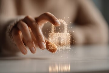 A woman's hand reaches for a digital padlock with glowing particles, representing data protection and secure online transactions in the modern age.