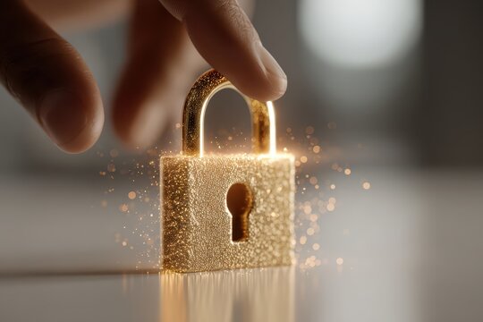 A golden padlock is secured with a hand, symbolizing data protection and digital security, emphasizing privacy and access control in a technological context.