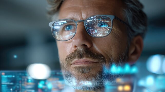 European Male Professor with Holographic Scientific Charts in Modern Lab