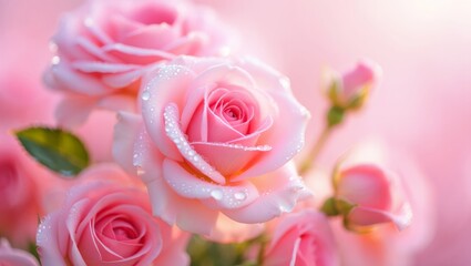 Fototapeta premium Pink roses showcasing their delicate petals and vibrant color, adorned with numerous sparkling dew drops, creating a fresh, romantic, and serene natural scene