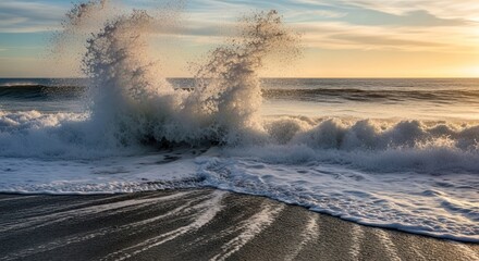 Powerful Ocean Wave Crashing on Sandy Beach at Golden Sunset