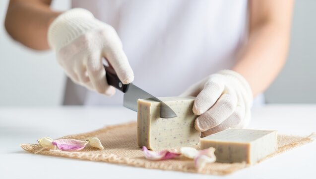 Hands in white gloves slicing a large bar of natural, organic handmade soap with a knife, creating individual portions for personal care, hygiene, and relaxation