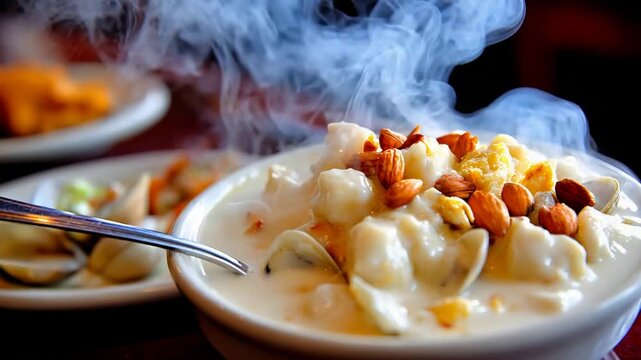 Hearty Steaming Chowder with Clams and Almonds, a Comforting Warm Meal.