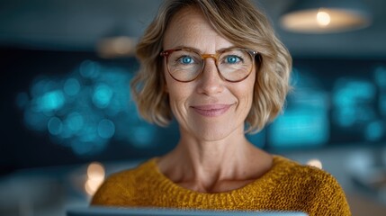 European Female Teacher Using AI Tablet in Modern Classroom