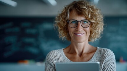 European Female Teacher Using AI Tablet in Modern Classroom